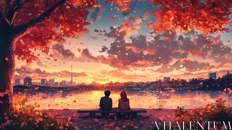Sunset city skyline with couple under autumn leaves by lake.