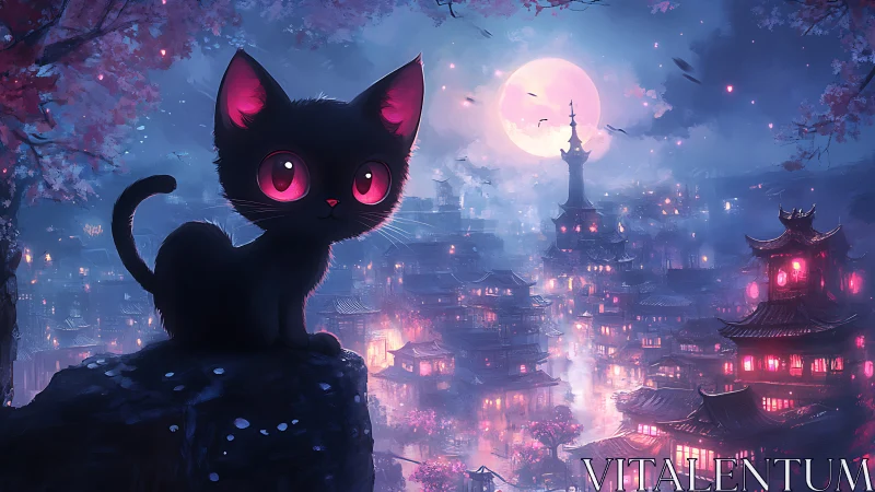 Moonlit kitten watching over a glowing fantasy cityscape.