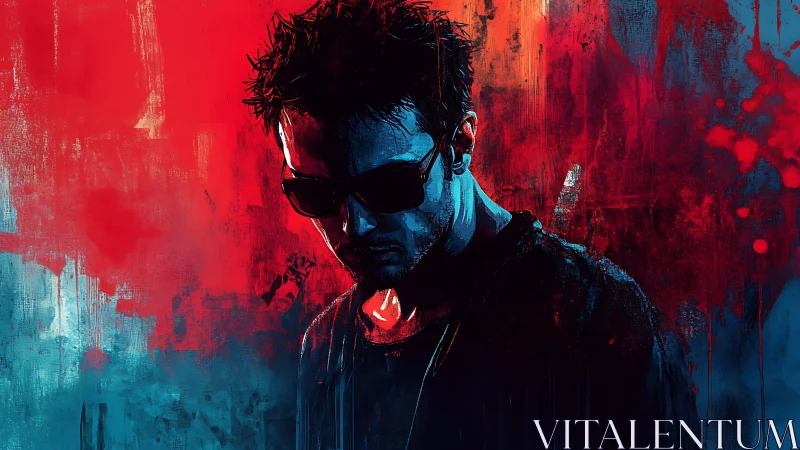 Neon drenched loner brooding in electric crimson shadows.