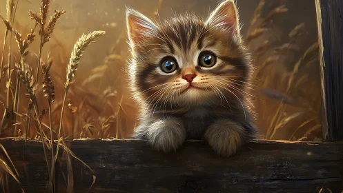 Tabby kitten portrait in golden field setting.