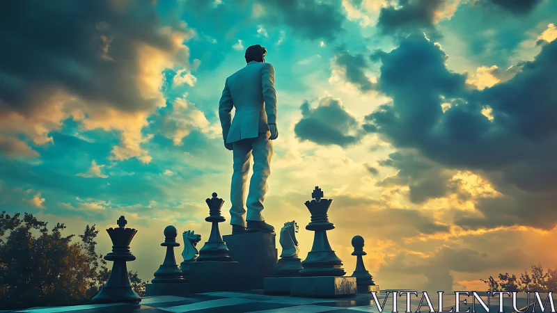 Businessman silhouette elevated on chess pieces against dramatically lit sky. Strategic ascendance c