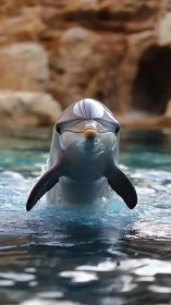 Bottlenose dolphin emerging from pool in rocky habitat.