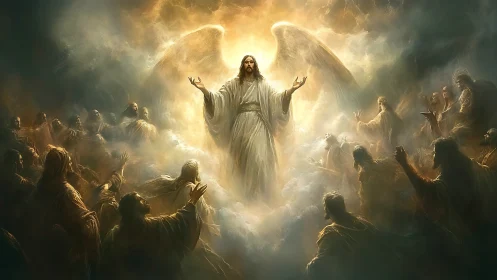 Central robed figure with radiant wings rises above gathered crowd