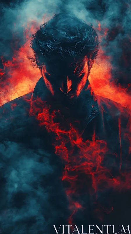 Moody figure in glowing red smoke and cool blue mist.