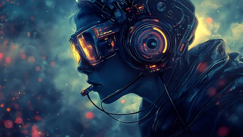Cyberpunk profile portrait with luminous visor headset detailing.