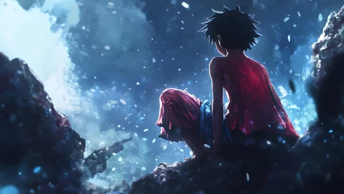 Lonely anime boy rests amid glowing blue night debris