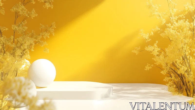 White geometric platform with foliage in yellow environment.