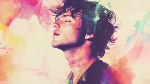 Side profile portrait in neon pastel double exposure style.