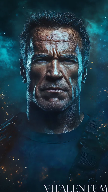 Photorealistic cosmic warrior portrait, high-contrast lighting.