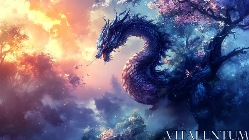 Celestial serpent coils through luminous twilight canopy.