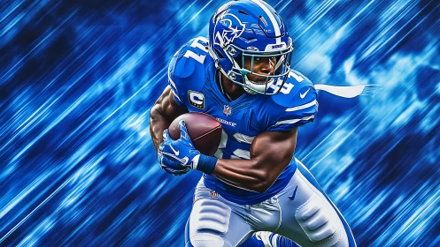 Gridiron ball carrier in blue uniform on dynamic streaked field.