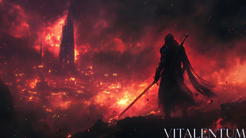 Hooded warrior watching burning city of fire and ash.