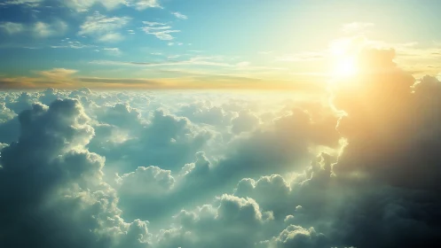 Sunlit cumulonimbus field rendered in soft atmospheric perspective