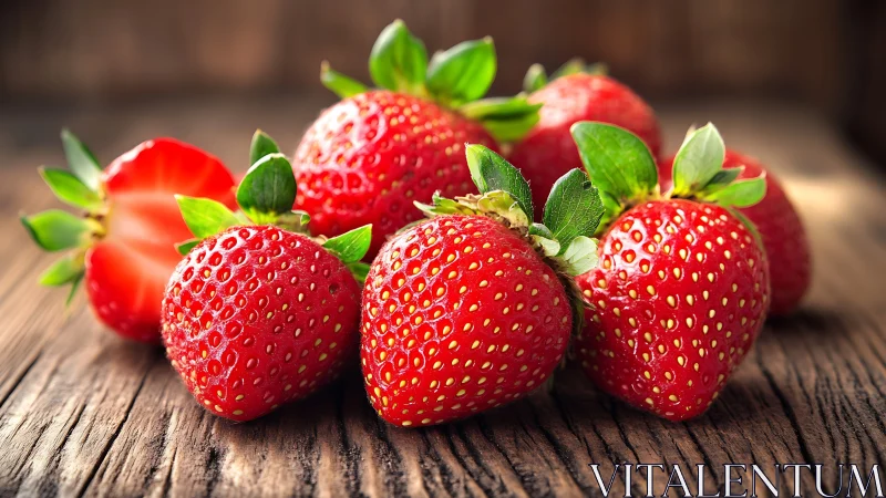 High-saturation macro study of ripe strawberries on rustic wood