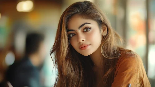 Shallow‑depth portrait of woman in warm ambient café light.
