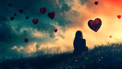 Silhouetted figure in meadow surrounded by floating heart shapes
