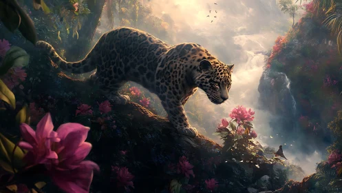 Leopard traverses misty jungle realm amid blooming pink flowers.