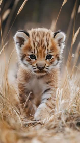 Tiger cub stalking through tall golden grass field.