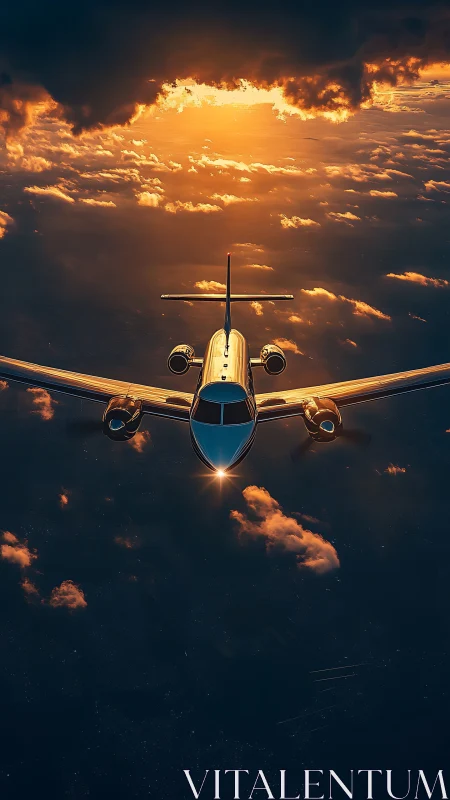 Private turboprop crosses glowing cloud deck at sunset