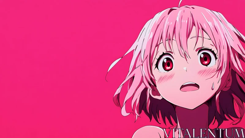 Shocked pink haired anime girl on bold magenta backdrop.
