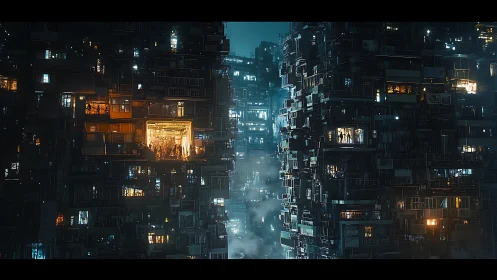 Crowded megastructures glow through dense neon night haze.