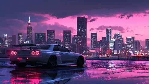 Neon sports car overlooks cyberpunk skyline at dusk.