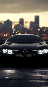 Black BMW sports coupe with headlights on at dusk cityscape.