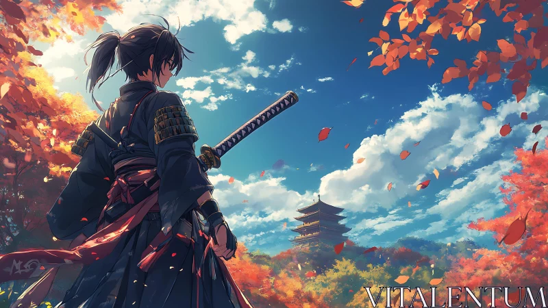 Samurai stands in autumn forest overlooking distant pagoda.
