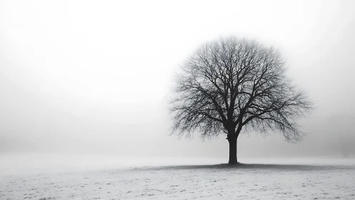 Solitary winter tree sketches quiet geometry into foggy air