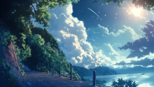 Coastal pathway beside forested slope under bright sky.