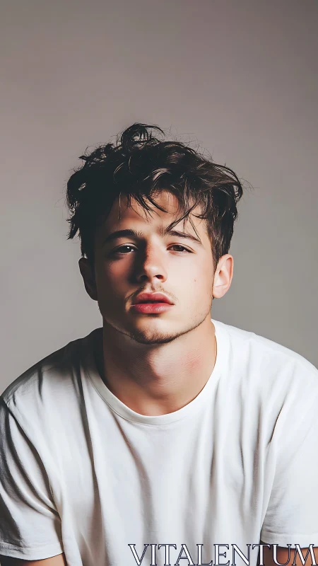 Moody young man in white tee under soft studio light.