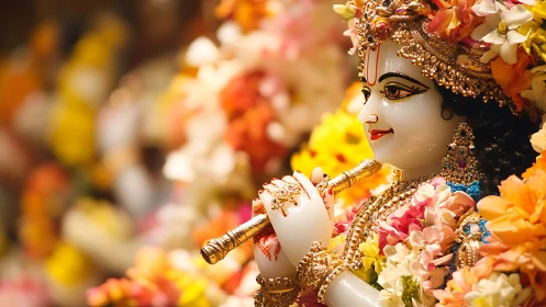 Golden flute deity smiles amid bright garlands of flowers