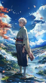 Samurai youth gazes over a peaceful valley in soft sunlight