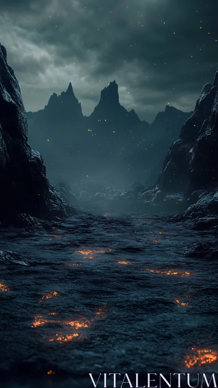 Lava-lit path winds through dark volcanic canyon at dusk