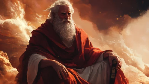 Wise elder resting in glowing sunset clouds above cliffs.