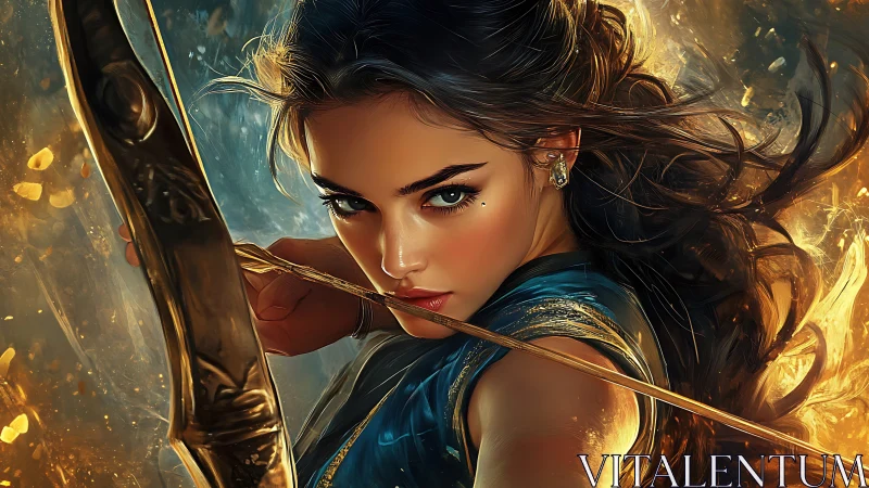 Woman archer draws bowstring with intense forward gaze