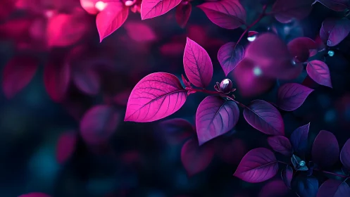 Neon magenta foliage glowing against deep teal bokeh background.