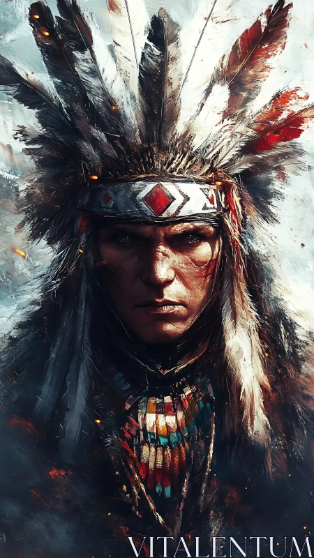 Warrior in feathered headdress within swirling painted storm.