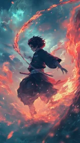 Sword fighter controls swirling fire in stormy sky scene.