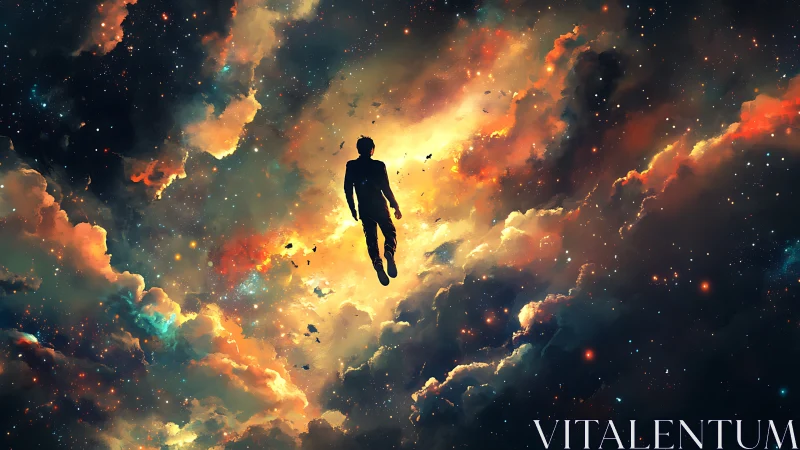 Solitary human silhouette within dense luminous nebula field.