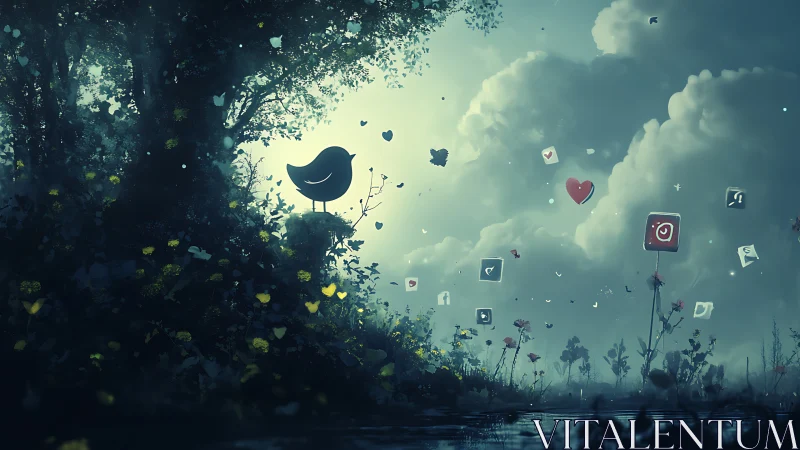 Whimsical forest songbird summoning drifting social icons.