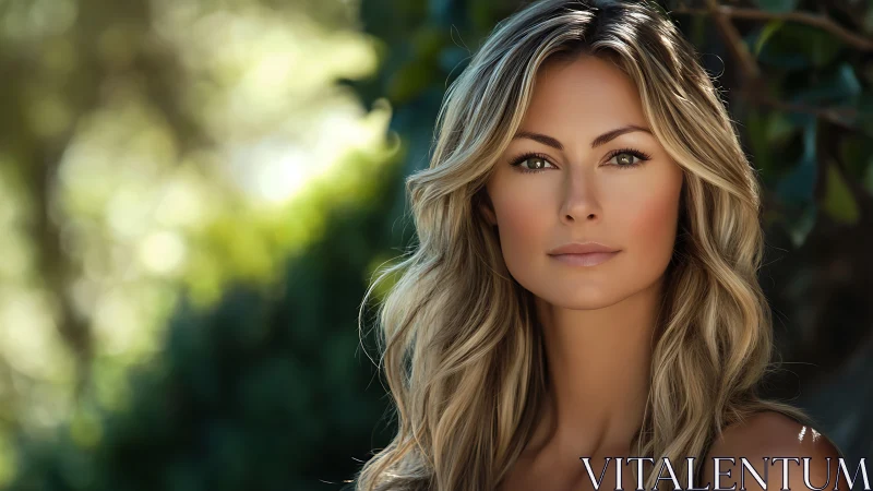 Woman with long blonde hair stands outdoors in soft daylight