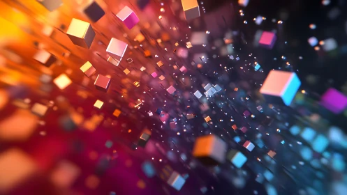Dynamic explosion of colorful 3D cubes in digital abstract art.