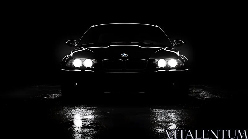 Front view of black coupe with bright headlights at night.