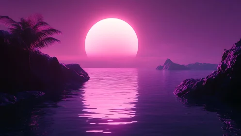 Neon tropical sunset over calm ocean with glowing horizon.