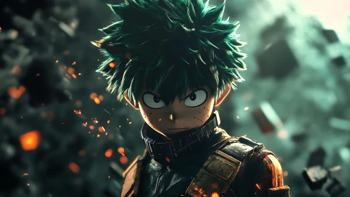 Determined green haired hero stands in swirling embers.