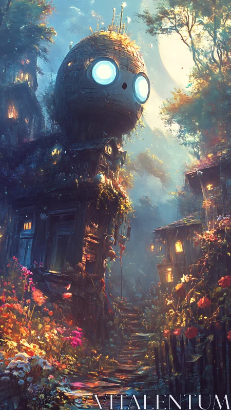 Giant glowing-eyed robot tower rises above a twilight village.