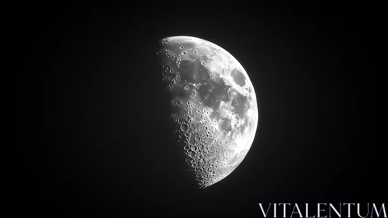First quarter moon with detailed craters in dark sky.