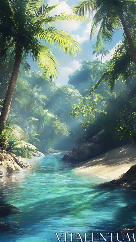 Tropical River Canyon with Palm Trees and Azure Water