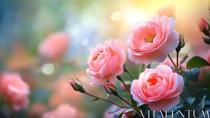 Pink garden roses photographed with shallow depth of field